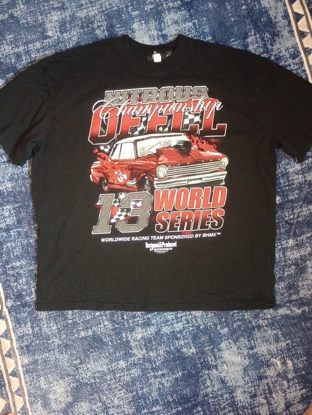 Boohoo Black Graphic 'World Series' Racing Tee with Red Car Print